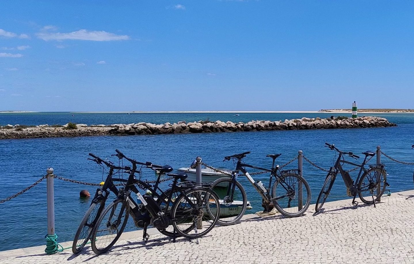 Fietsen langs zonnige haven met blauwe zee